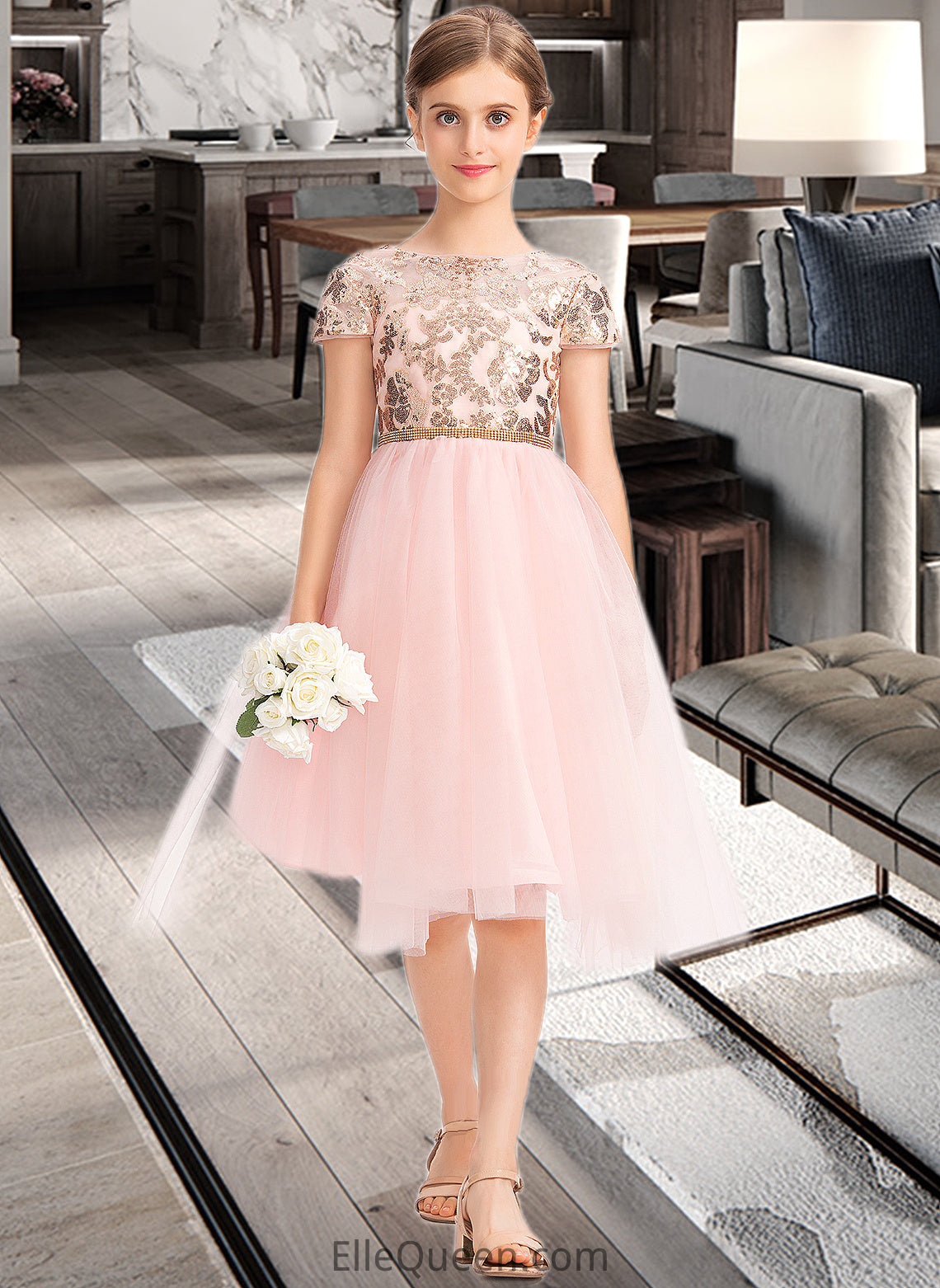 Elsie A-Line Scoop Neck Asymmetrical Tulle Junior Bridesmaid Dress With Sequins DGP0013531