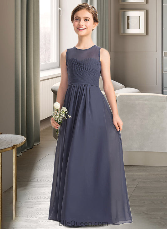 Una A-Line Scoop Neck Floor-Length Chiffon Junior Bridesmaid Dress With Ruffle DGP0013533