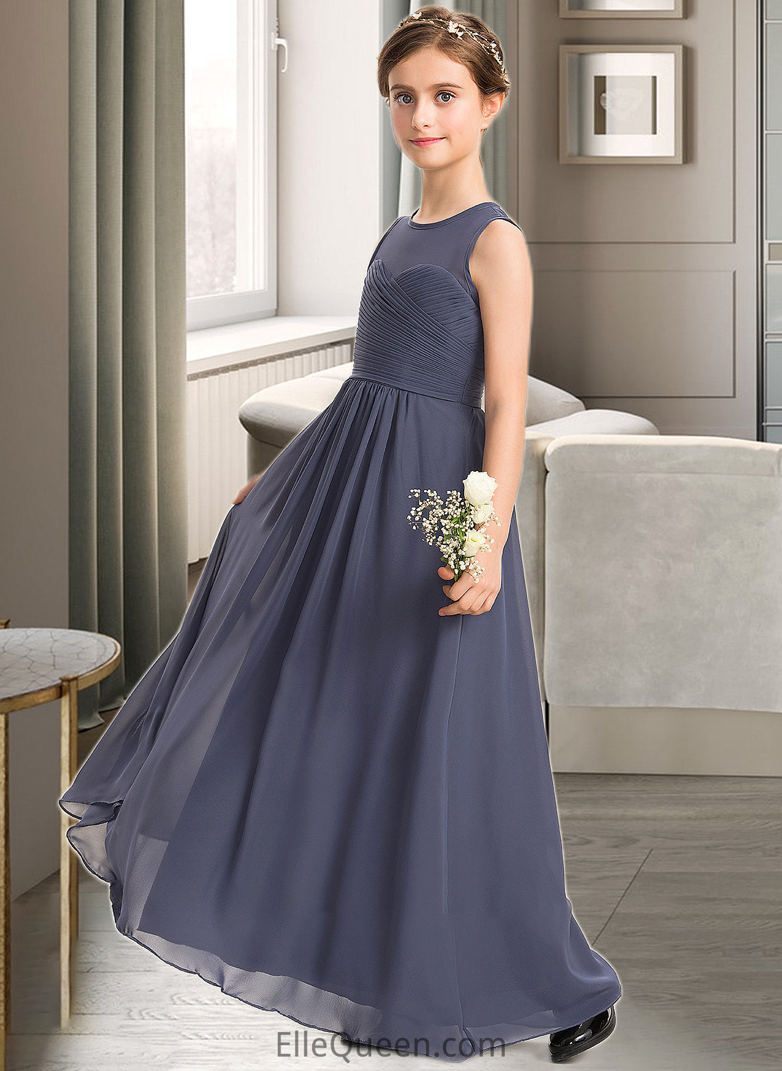 Una A-Line Scoop Neck Floor-Length Chiffon Junior Bridesmaid Dress With Ruffle DGP0013533