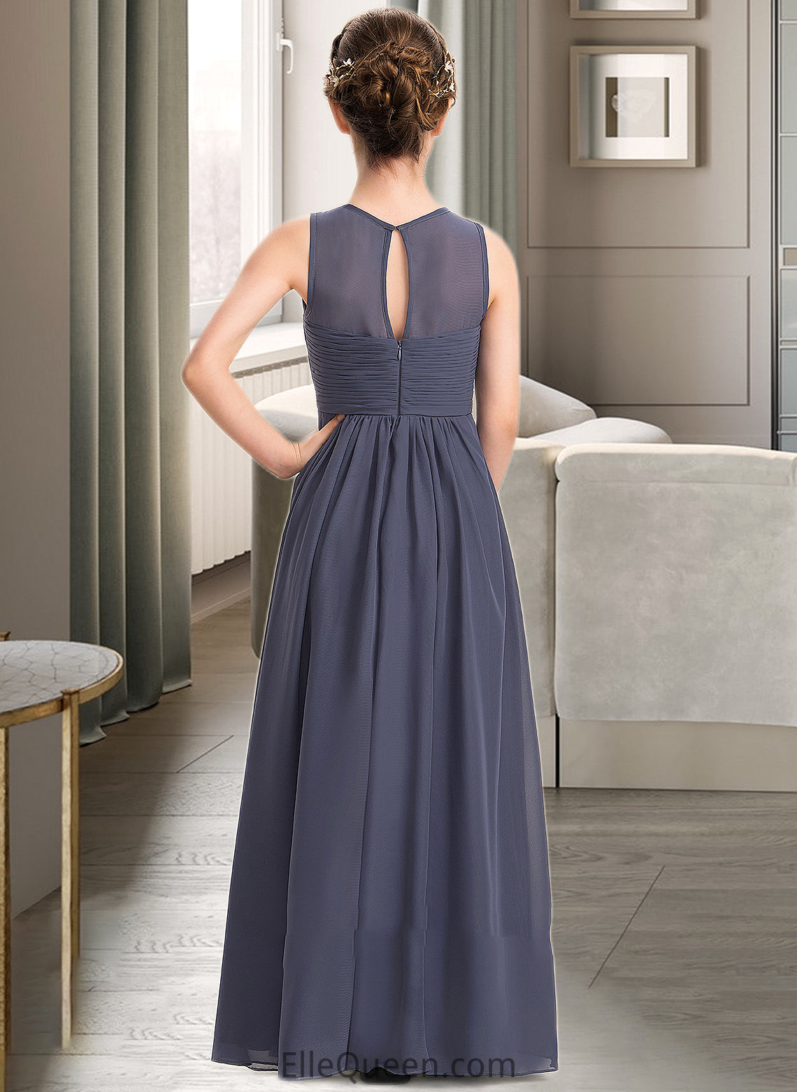 Una A-Line Scoop Neck Floor-Length Chiffon Junior Bridesmaid Dress With Ruffle DGP0013533