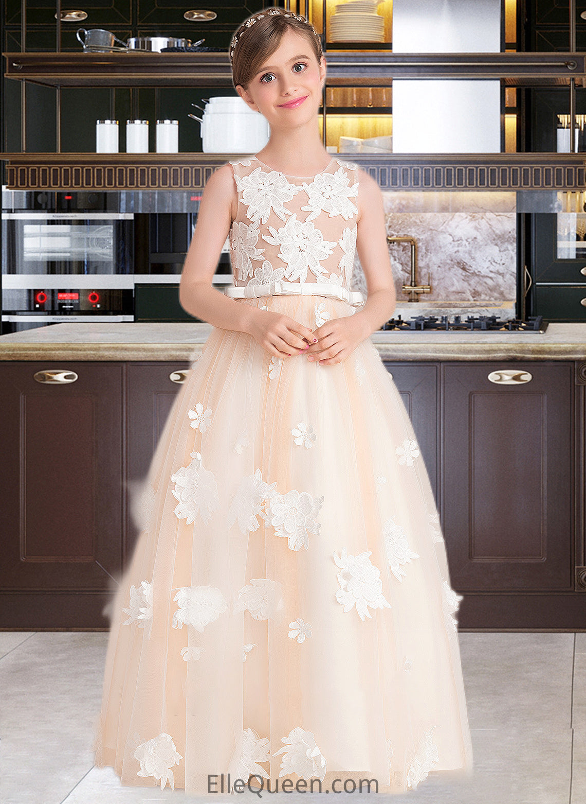 Madilynn Ball-Gown/Princess Scoop Neck Floor-Length Tulle Junior Bridesmaid Dress With Flower(s) Bow(s) DGP0013534