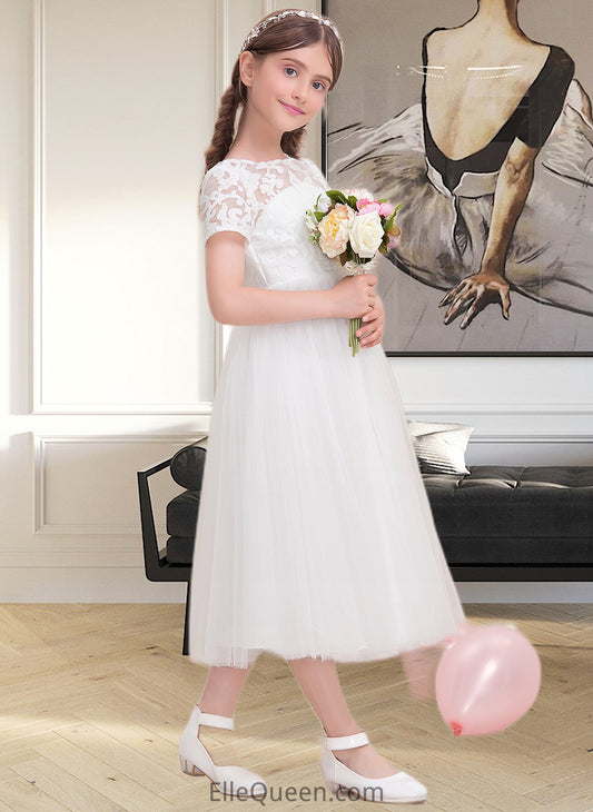 Emily A-Line Scoop Neck Tea-Length Tulle Junior Bridesmaid Dress DGP0013535