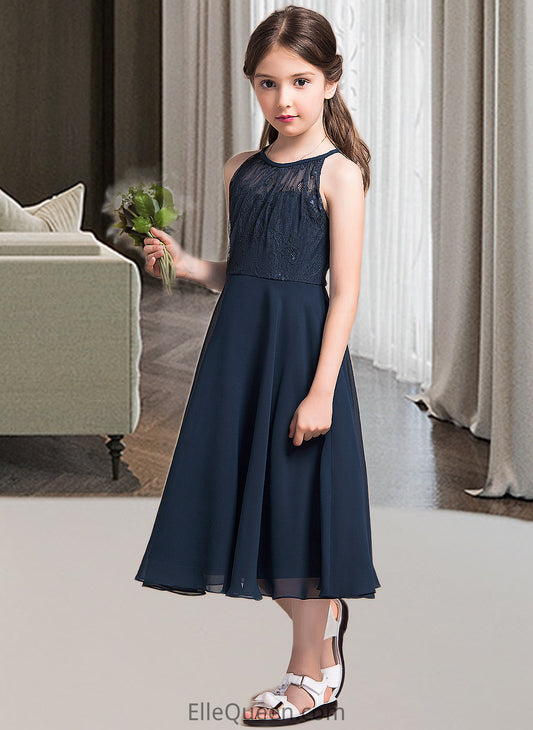 Moira A-Line Scoop Neck Tea-Length Chiffon Lace Junior Bridesmaid Dress With Ruffle DGP0013536