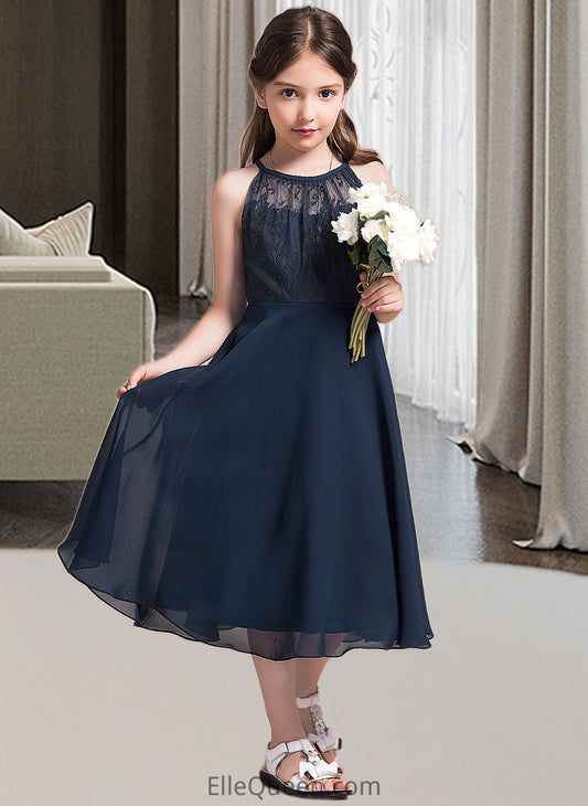 Moira A-Line Scoop Neck Tea-Length Chiffon Lace Junior Bridesmaid Dress With Ruffle DGP0013536