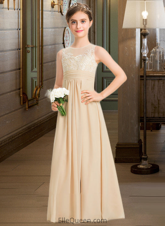 LuLu A-Line Scoop Neck Floor-Length Chiffon Lace Junior Bridesmaid Dress DGP0013539