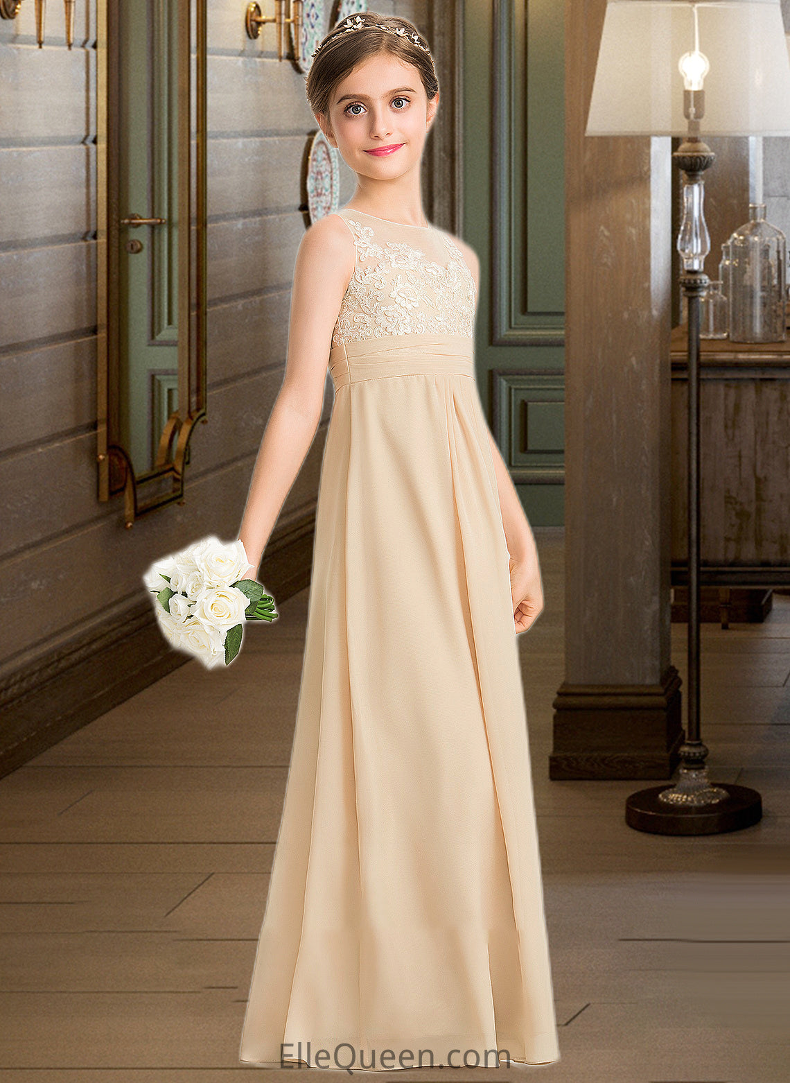 LuLu A-Line Scoop Neck Floor-Length Chiffon Lace Junior Bridesmaid Dress DGP0013539