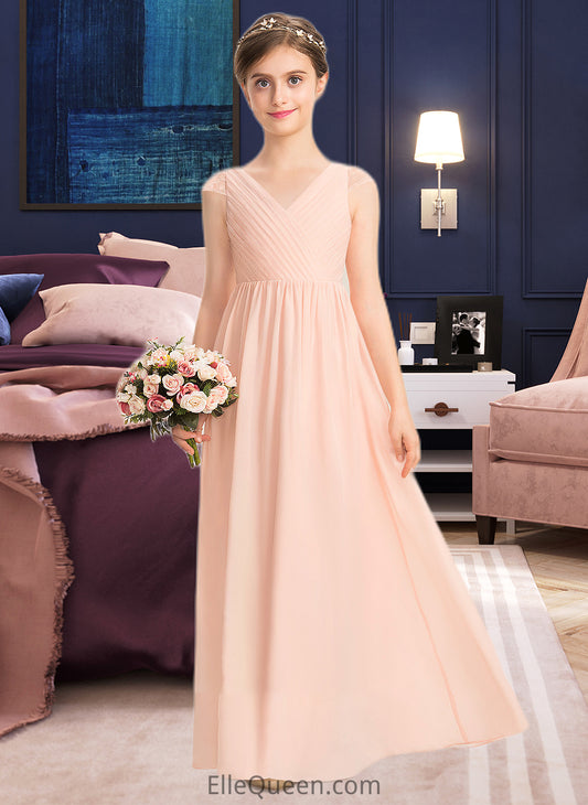 Katelynn A-Line V-neck Floor-Length Chiffon Lace Junior Bridesmaid Dress With Ruffle DGP0013540