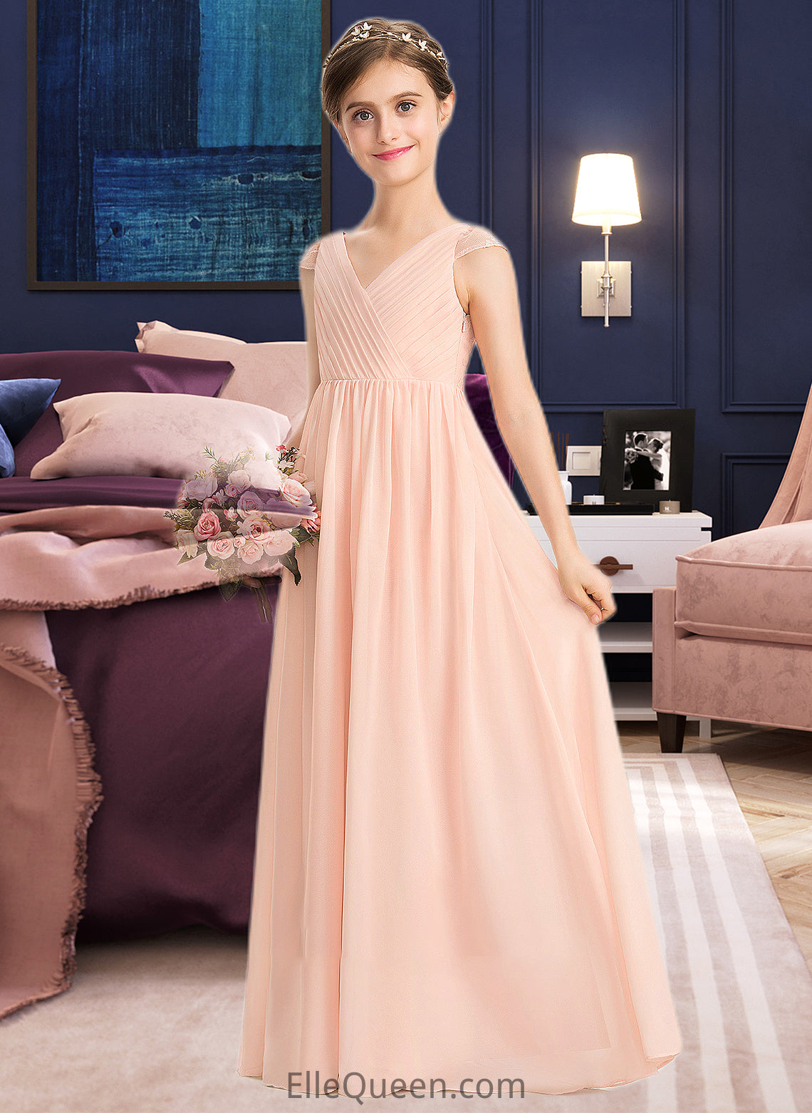 Katelynn A-Line V-neck Floor-Length Chiffon Lace Junior Bridesmaid Dress With Ruffle DGP0013540