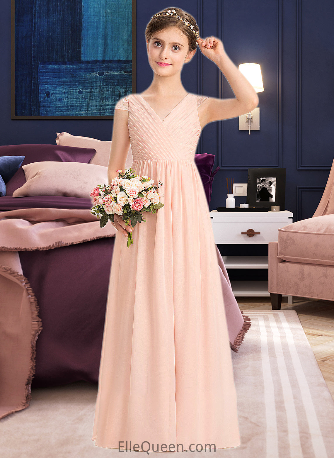 Katelynn A-Line V-neck Floor-Length Chiffon Lace Junior Bridesmaid Dress With Ruffle DGP0013540