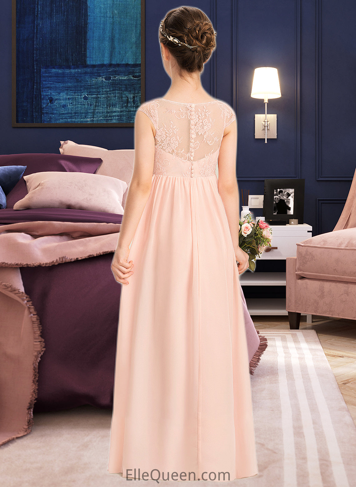 Katelynn A-Line V-neck Floor-Length Chiffon Lace Junior Bridesmaid Dress With Ruffle DGP0013540