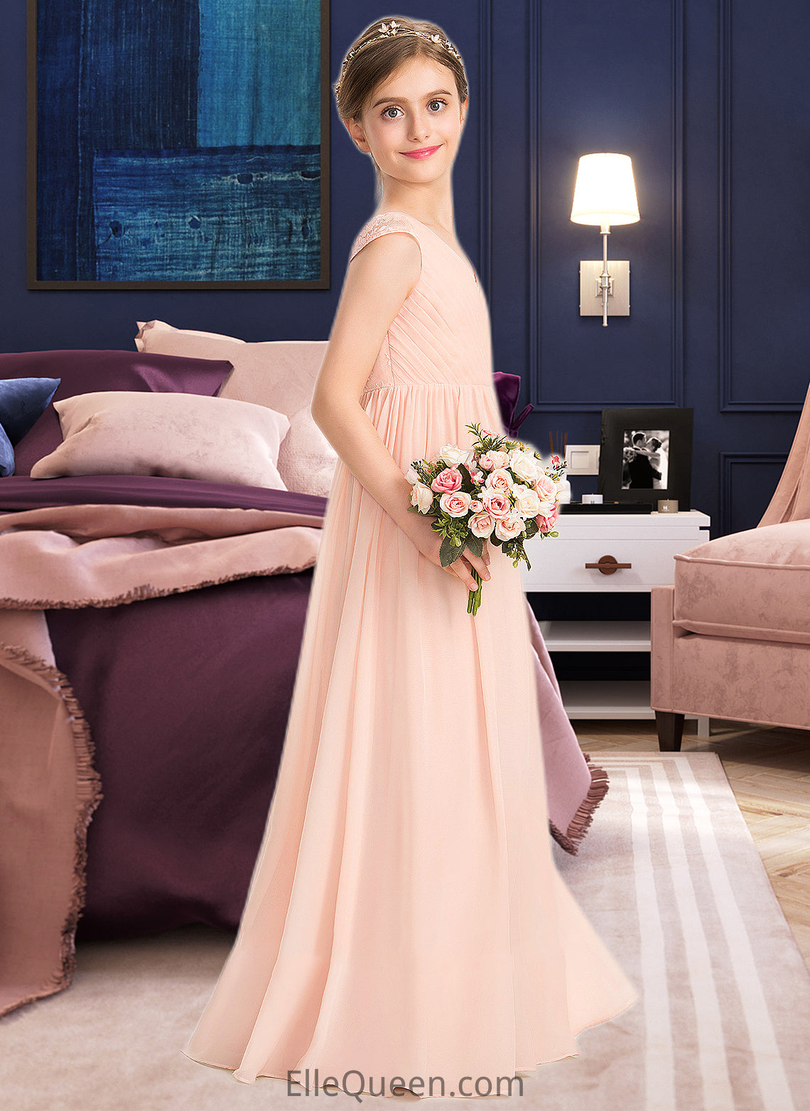 Katelynn A-Line V-neck Floor-Length Chiffon Lace Junior Bridesmaid Dress With Ruffle DGP0013540