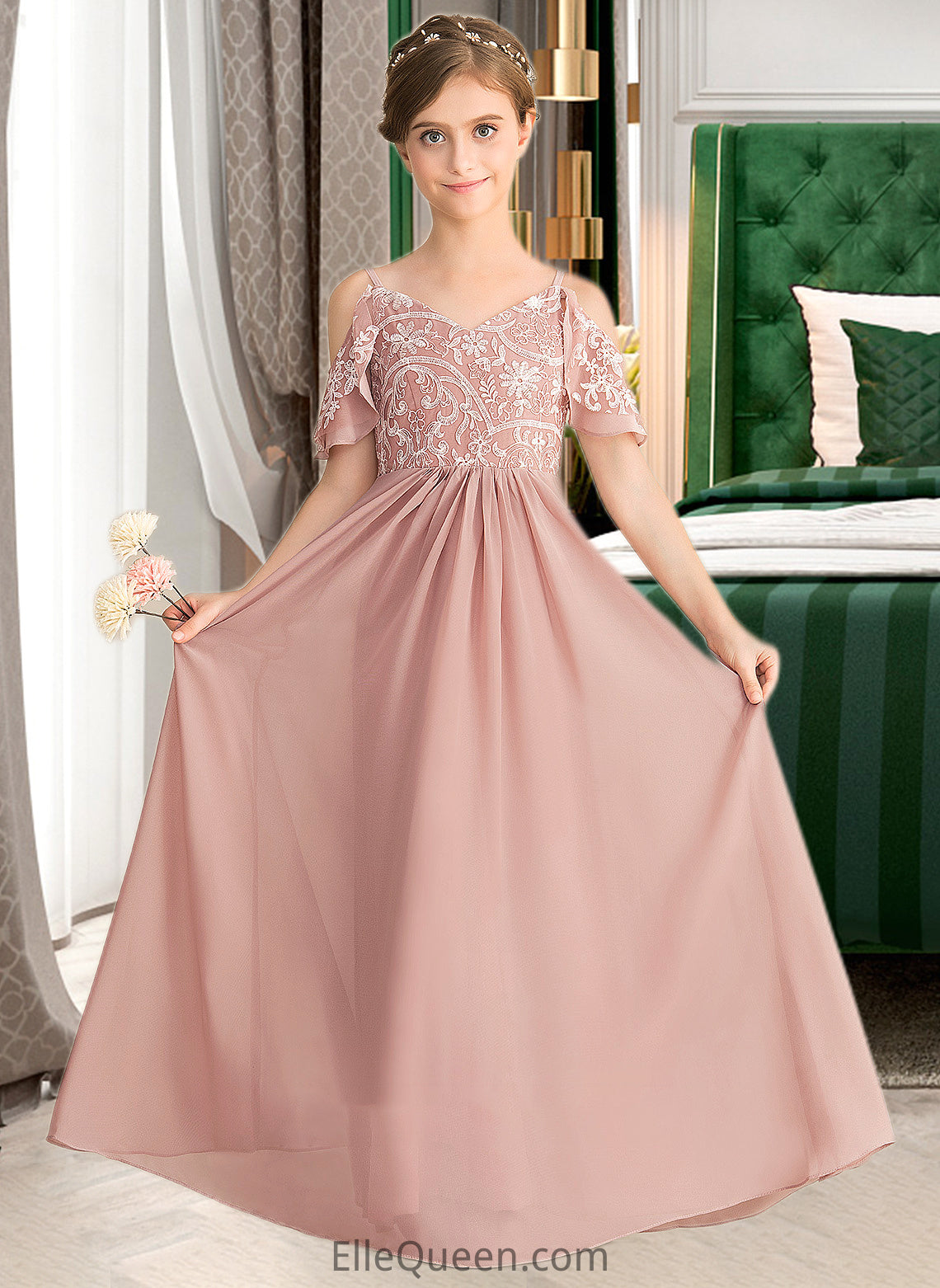 Tiffany A-Line V-neck Floor-Length Chiffon Lace Junior Bridesmaid Dress DGP0013541