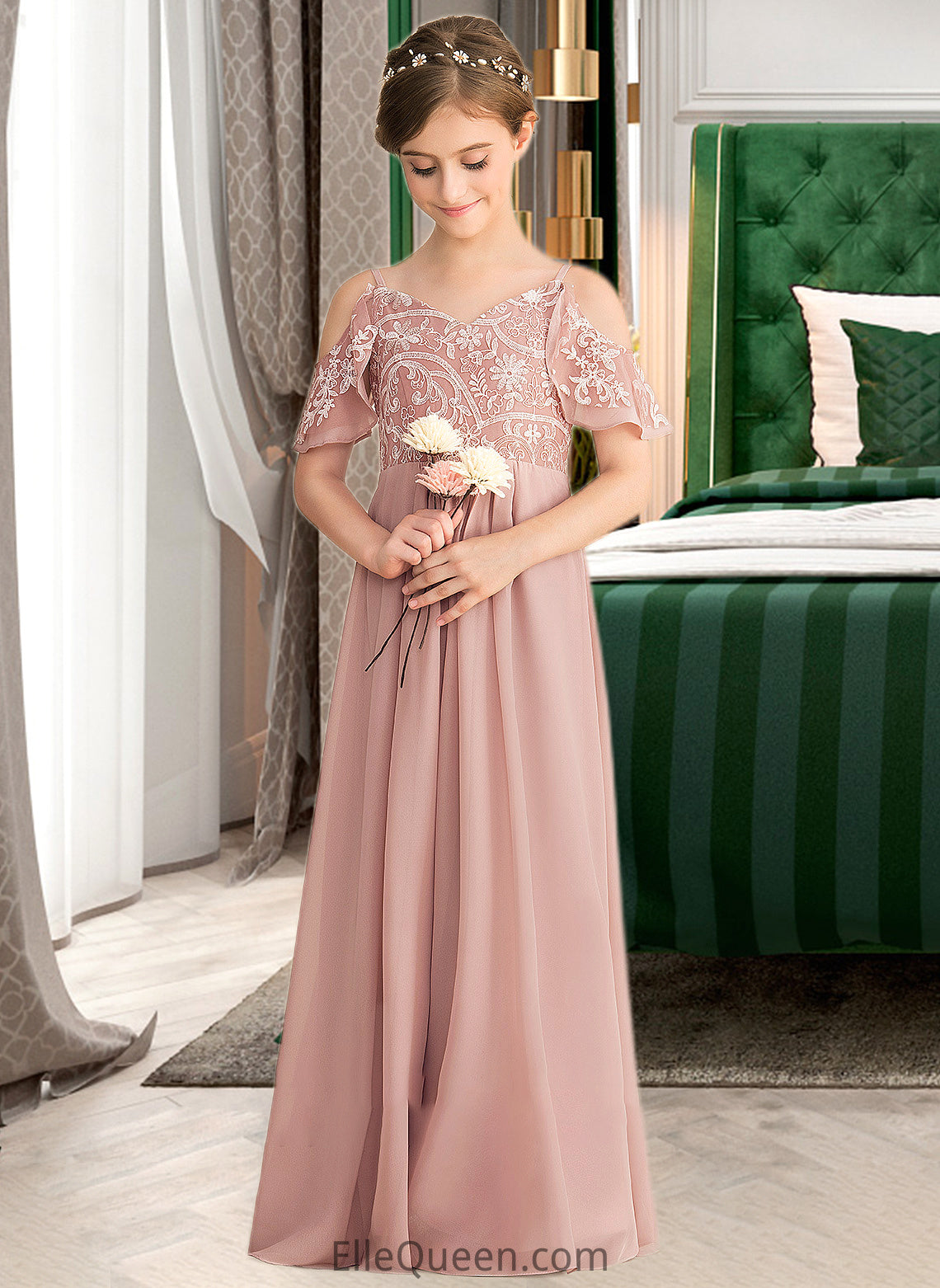 Tiffany A-Line V-neck Floor-Length Chiffon Lace Junior Bridesmaid Dress DGP0013541