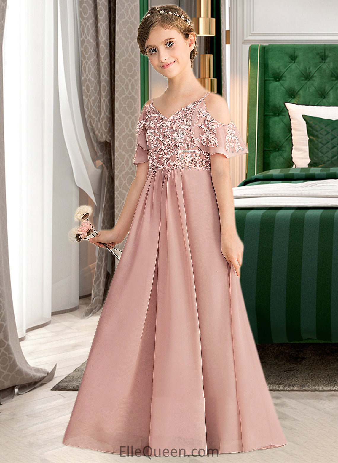 Tiffany A-Line V-neck Floor-Length Chiffon Lace Junior Bridesmaid Dress DGP0013541