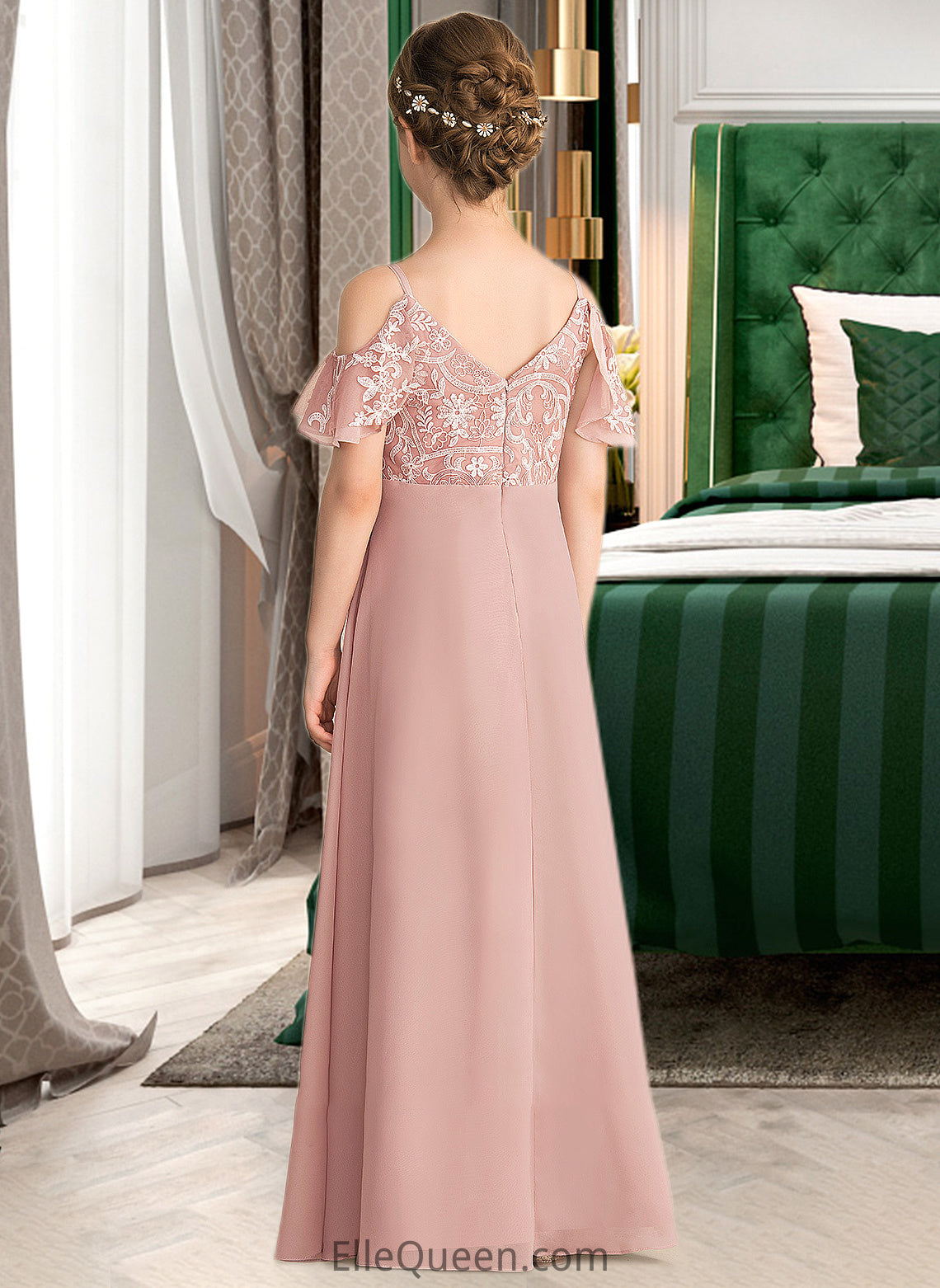 Tiffany A-Line V-neck Floor-Length Chiffon Lace Junior Bridesmaid Dress DGP0013541