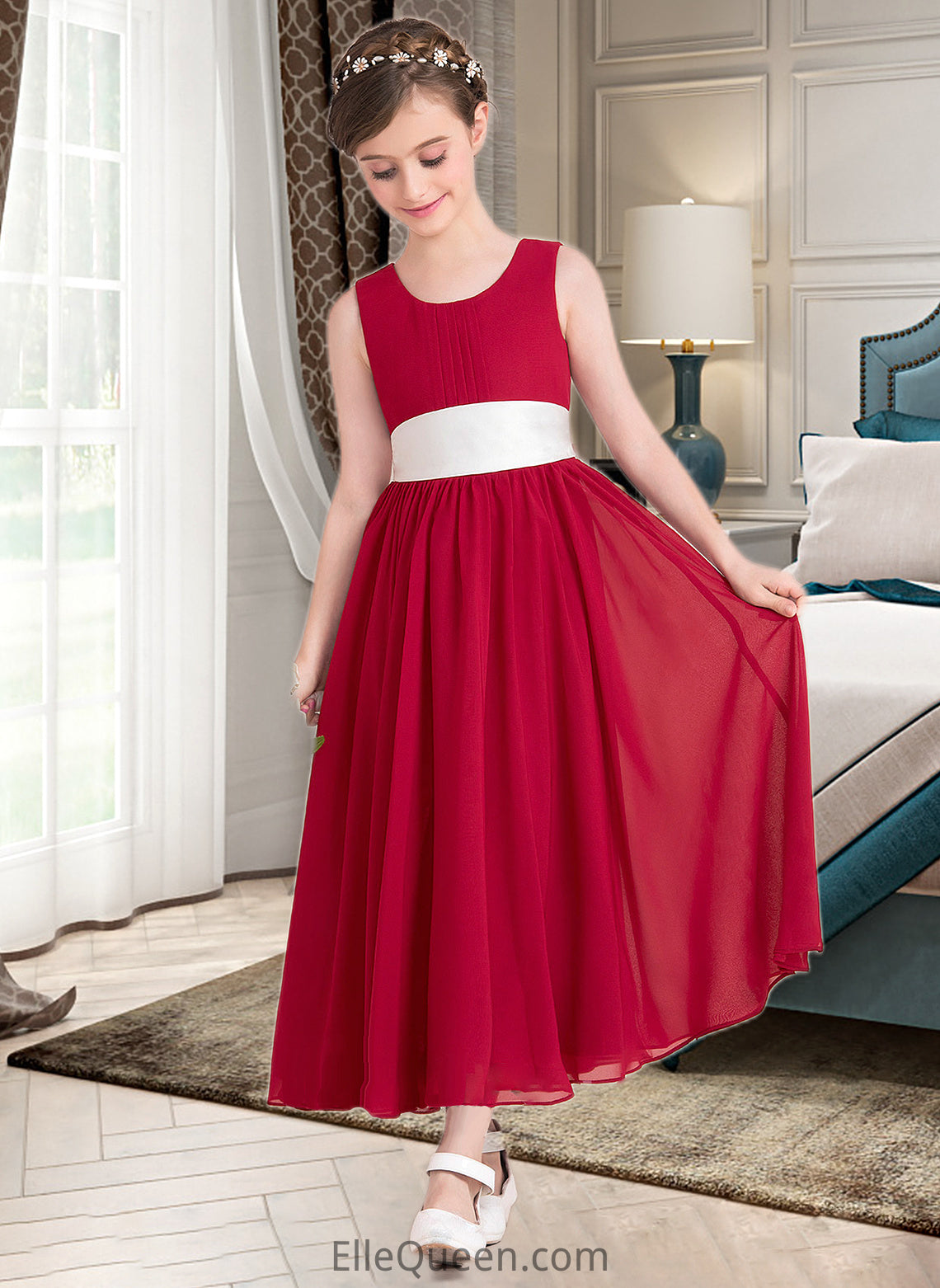 Mary Empire A-Line Scoop Neck Ankle-Length Chiffon Junior Bridesmaid Dress With Sash Bow(s) DGP0013542