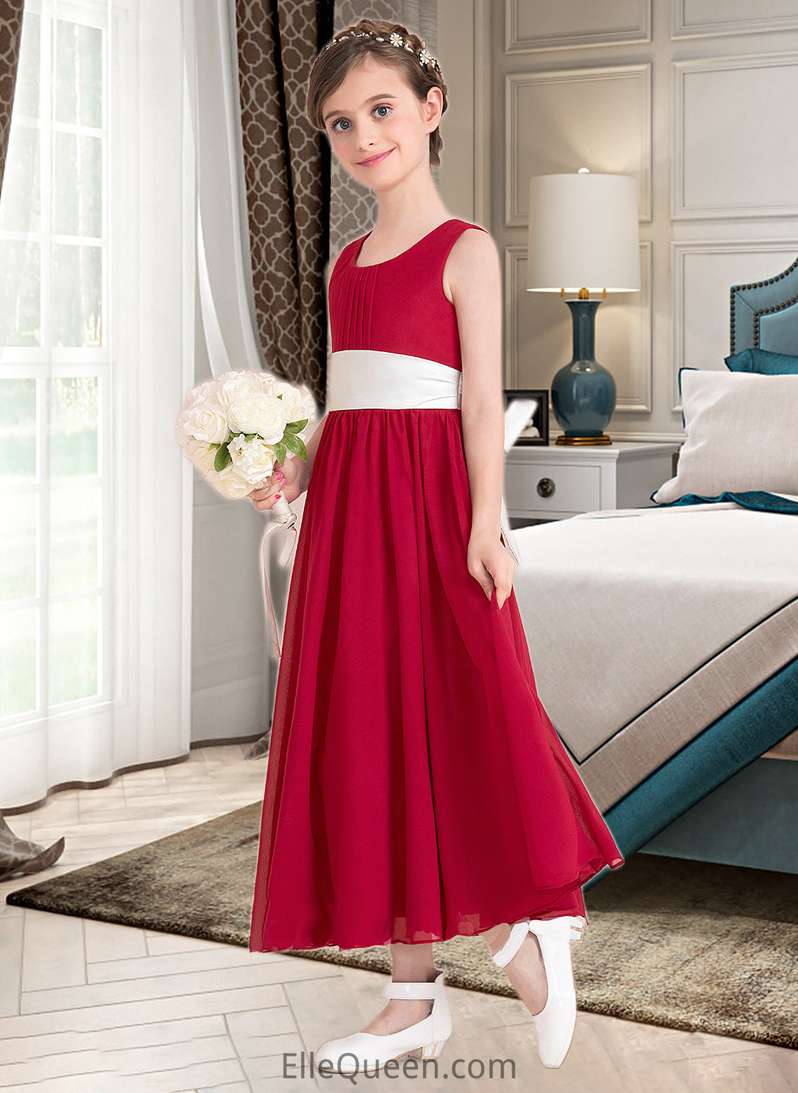 Mary Empire A-Line Scoop Neck Ankle-Length Chiffon Junior Bridesmaid Dress With Sash Bow(s) DGP0013542