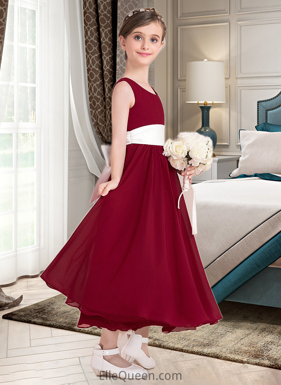 Mary Empire A-Line Scoop Neck Ankle-Length Chiffon Junior Bridesmaid Dress With Sash Bow(s) DGP0013542