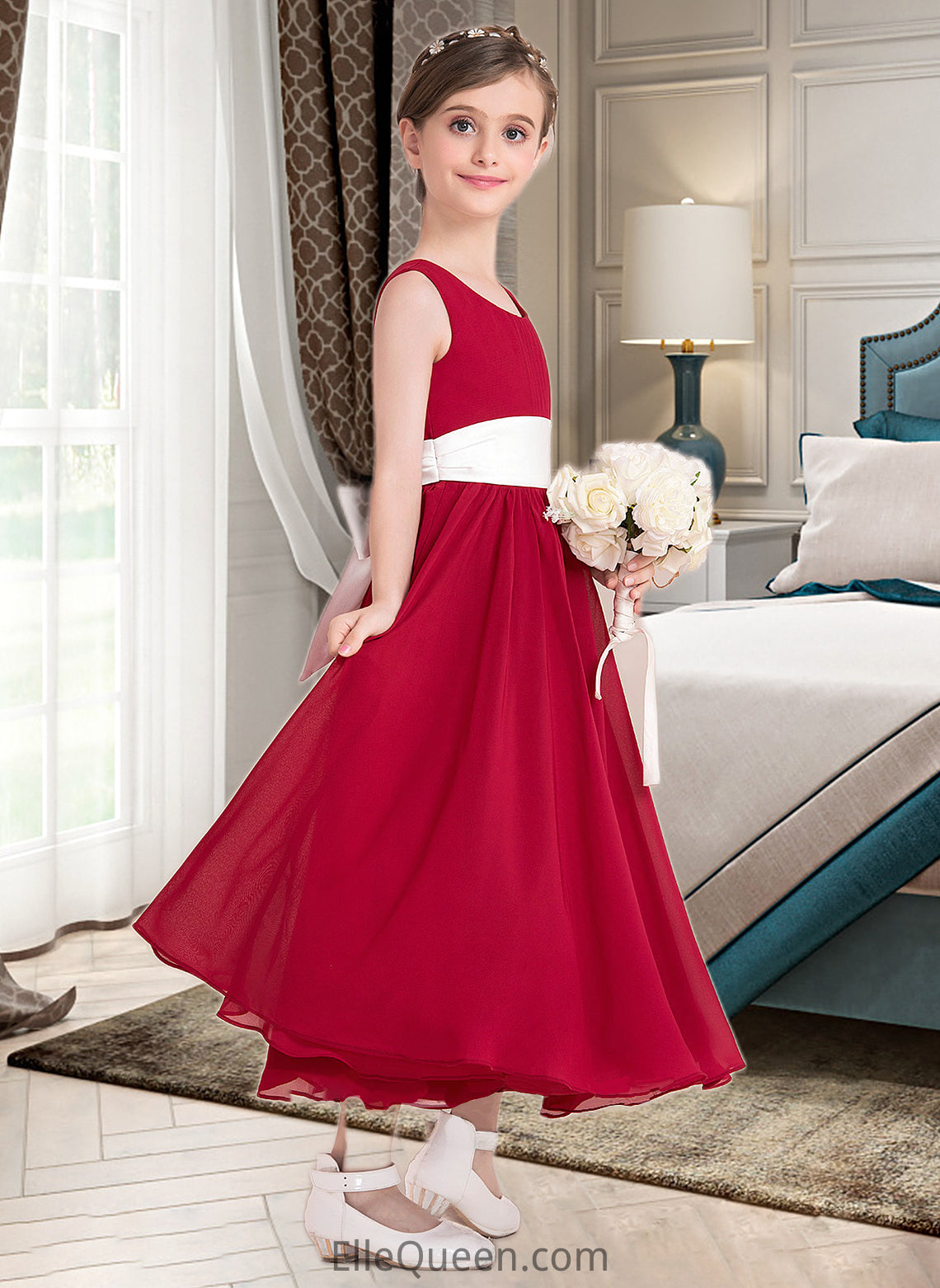 Mary Empire A-Line Scoop Neck Ankle-Length Chiffon Junior Bridesmaid Dress With Sash Bow(s) DGP0013542