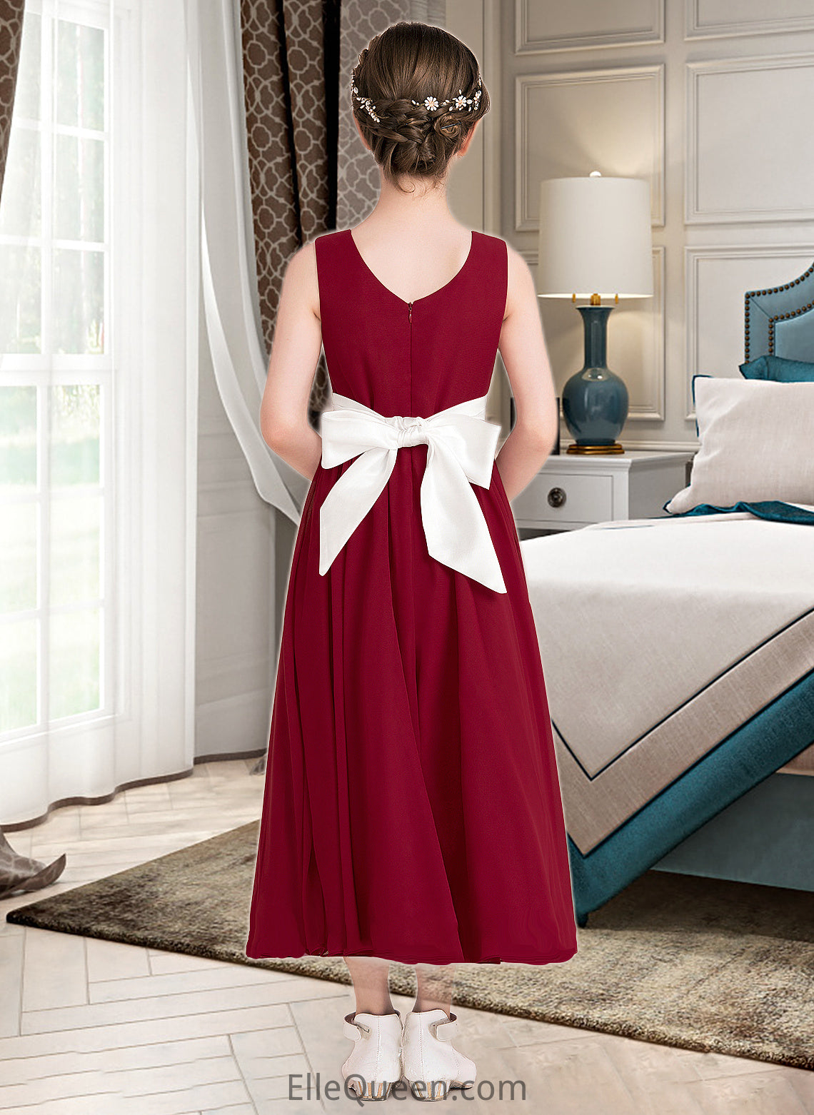 Mary Empire A-Line Scoop Neck Ankle-Length Chiffon Junior Bridesmaid Dress With Sash Bow(s) DGP0013542