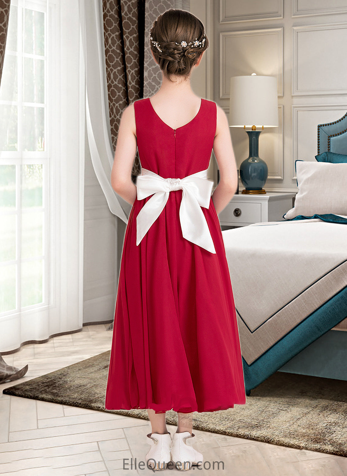 Mary Empire A-Line Scoop Neck Ankle-Length Chiffon Junior Bridesmaid Dress With Sash Bow(s) DGP0013542