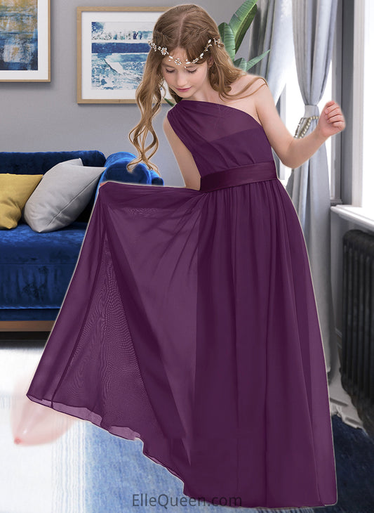 Setlla A-Line One-Shoulder Floor-Length Chiffon Junior Bridesmaid Dress With Ruffle DGP0013544