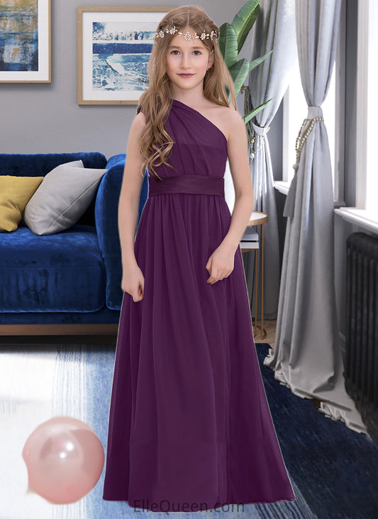 Setlla A-Line One-Shoulder Floor-Length Chiffon Junior Bridesmaid Dress With Ruffle DGP0013544