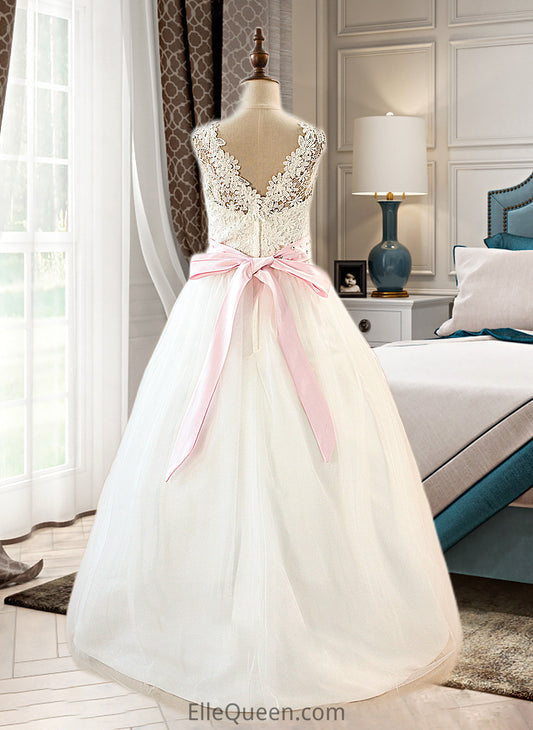 Jode Ball-Gown/Princess Scoop Neck Floor-Length Tulle Junior Bridesmaid Dress With Sash Beading Bow(s) DGP0013545