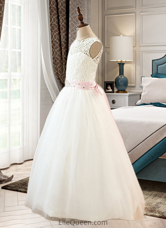 Jode Ball-Gown/Princess Scoop Neck Floor-Length Tulle Junior Bridesmaid Dress With Sash Beading Bow(s) DGP0013545