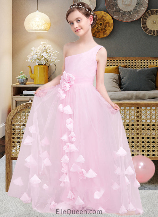 Thelma A-Line One-Shoulder Floor-Length Tulle Junior Bridesmaid Dress With Ruffle Flower(s) DGP0013546