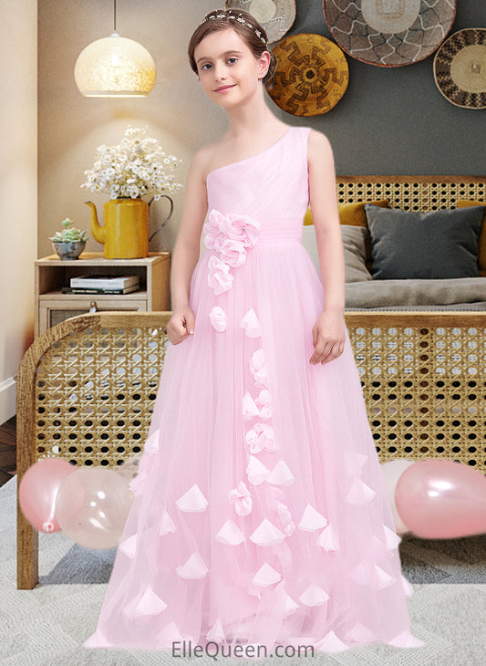 Thelma A-Line One-Shoulder Floor-Length Tulle Junior Bridesmaid Dress With Ruffle Flower(s) DGP0013546