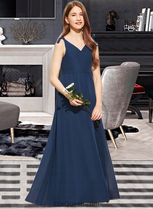 Samara A-Line V-neck Floor-Length Chiffon Junior Bridesmaid Dress With Bow(s) DGP0013548