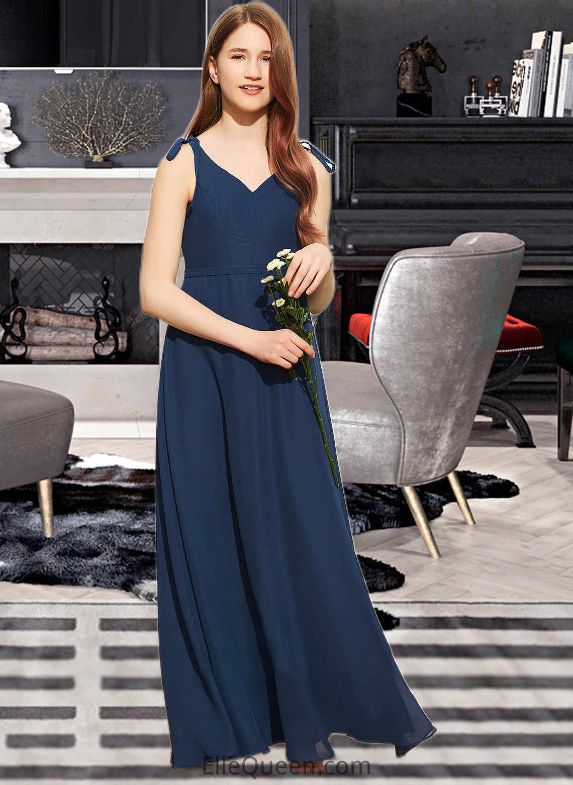 Samara A-Line V-neck Floor-Length Chiffon Junior Bridesmaid Dress With Bow(s) DGP0013548