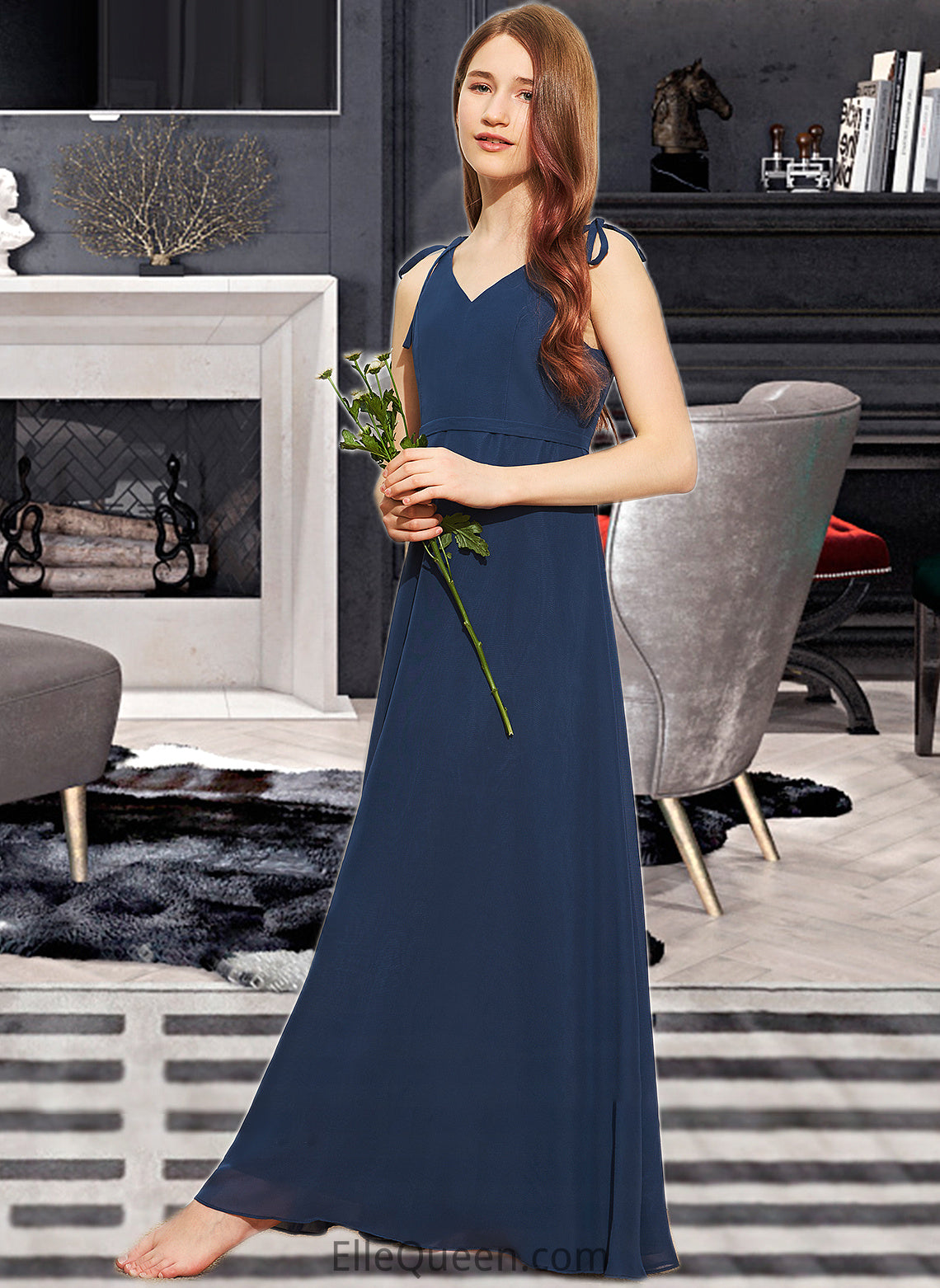 Samara A-Line V-neck Floor-Length Chiffon Junior Bridesmaid Dress With Bow(s) DGP0013548