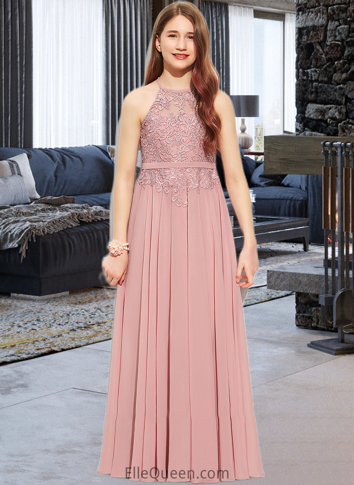 Clarissa A-Line Scoop Neck Floor-Length Chiffon Lace Junior Bridesmaid Dress DGP0013549