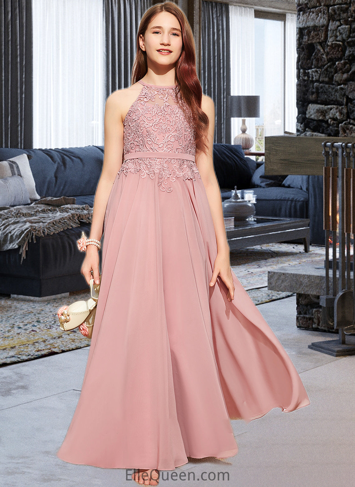 Clarissa A-Line Scoop Neck Floor-Length Chiffon Lace Junior Bridesmaid Dress DGP0013549