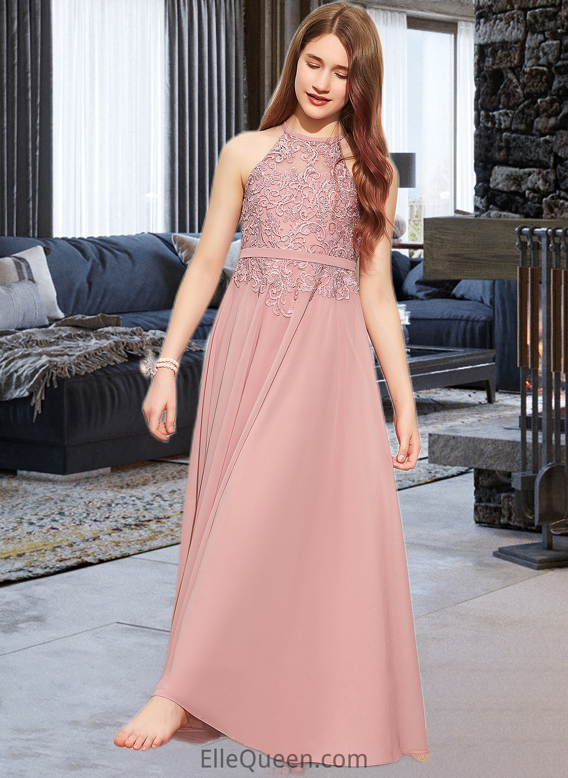 Clarissa A-Line Scoop Neck Floor-Length Chiffon Lace Junior Bridesmaid Dress DGP0013549