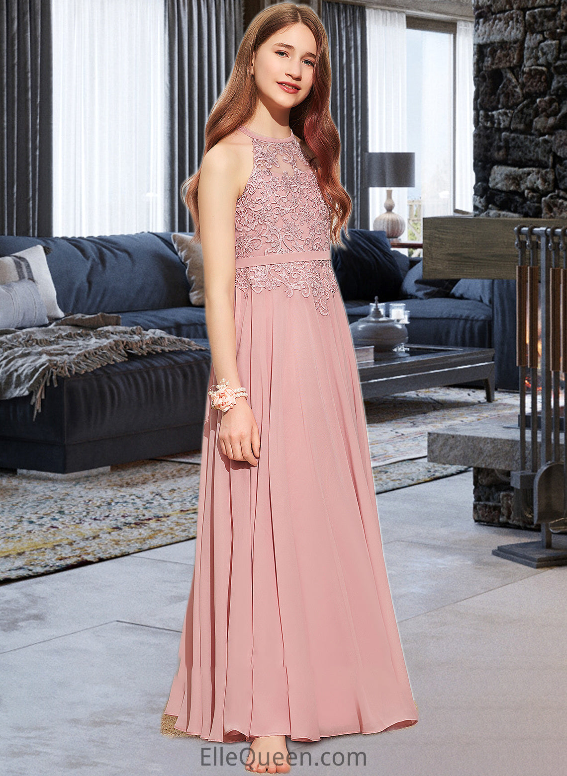 Clarissa A-Line Scoop Neck Floor-Length Chiffon Lace Junior Bridesmaid Dress DGP0013549