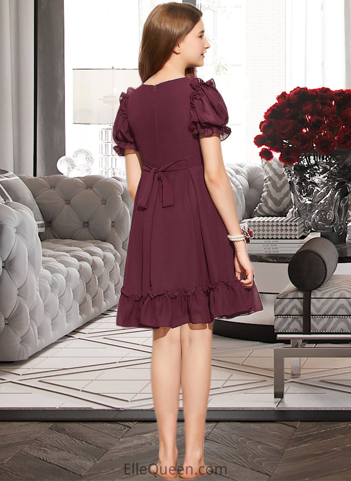 Jimena A-Line Scoop Neck Knee-Length Chiffon Junior Bridesmaid Dress With Bow(s) Cascading Ruffles DGP0013550