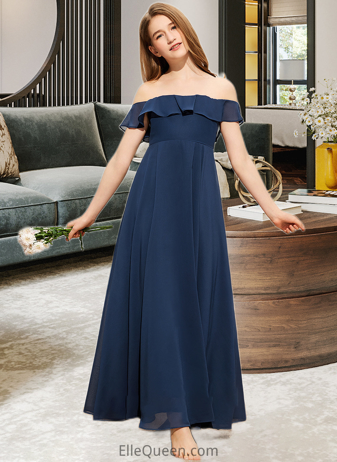 Andrea A-Line Off-the-Shoulder Floor-Length Chiffon Junior Bridesmaid Dress DGP0013551