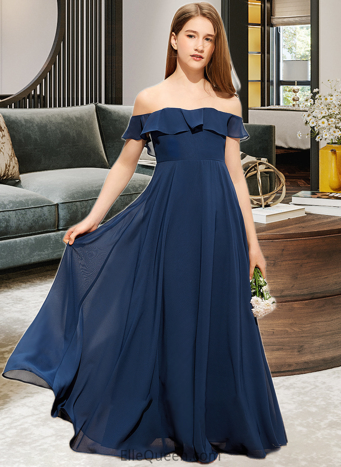 Andrea A-Line Off-the-Shoulder Floor-Length Chiffon Junior Bridesmaid Dress DGP0013551