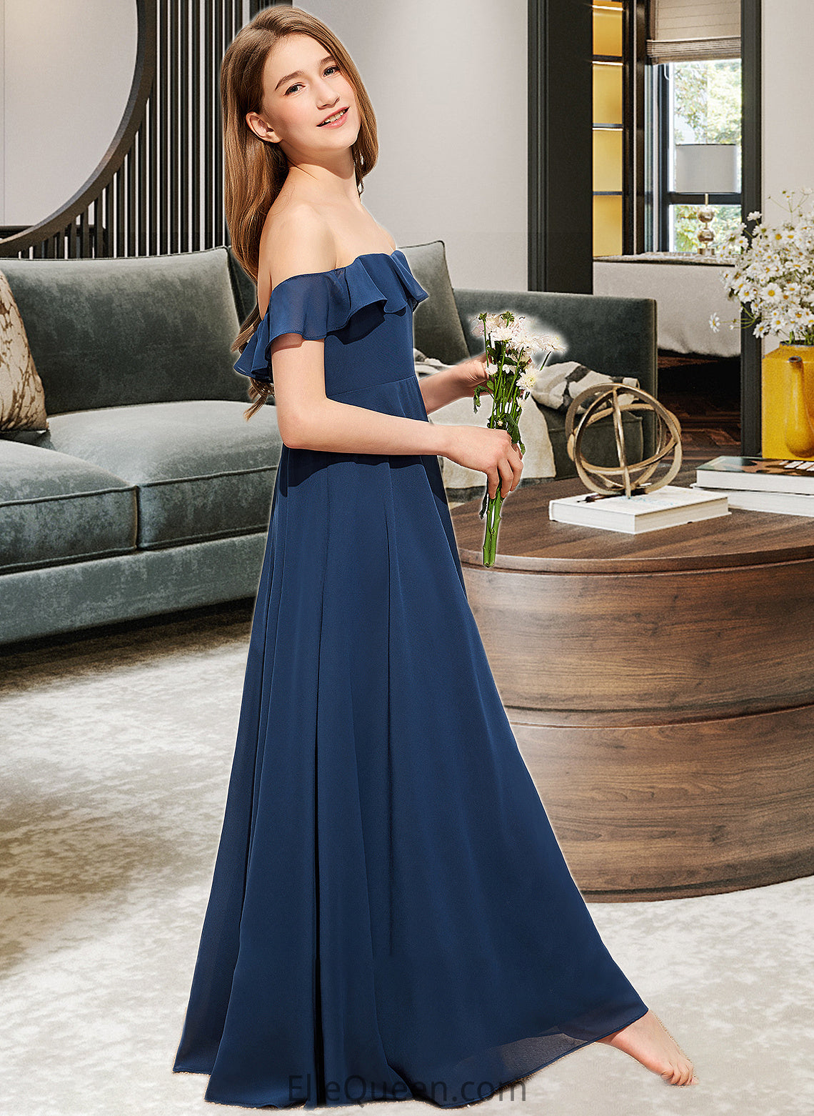 Andrea A-Line Off-the-Shoulder Floor-Length Chiffon Junior Bridesmaid Dress DGP0013551