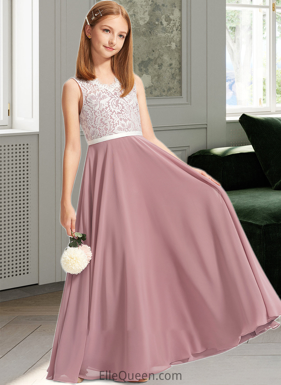 Michaelia A-Line V-neck Floor-Length Chiffon Lace Junior Bridesmaid Dress DGP0013552