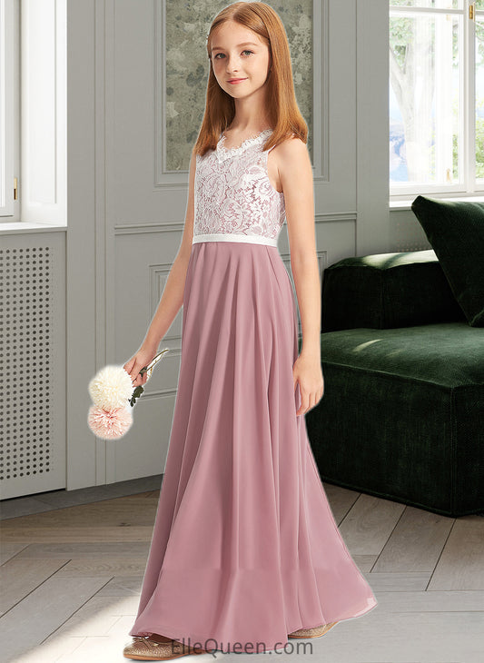 Michaelia A-Line V-neck Floor-Length Chiffon Lace Junior Bridesmaid Dress DGP0013552