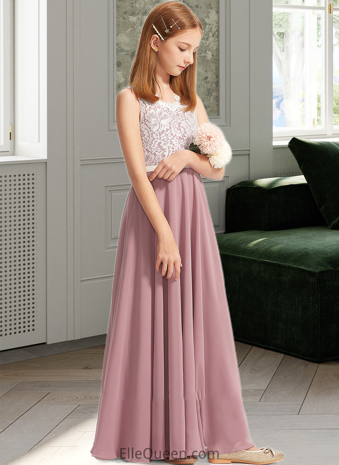 Michaelia A-Line V-neck Floor-Length Chiffon Lace Junior Bridesmaid Dress DGP0013552