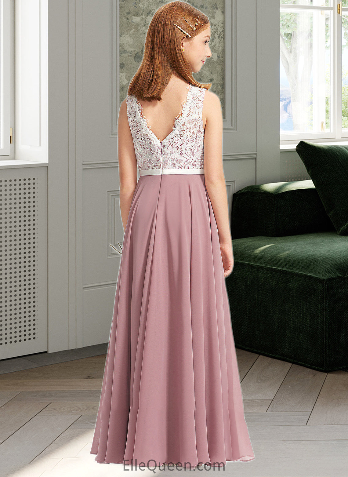 Michaelia A-Line V-neck Floor-Length Chiffon Lace Junior Bridesmaid Dress DGP0013552