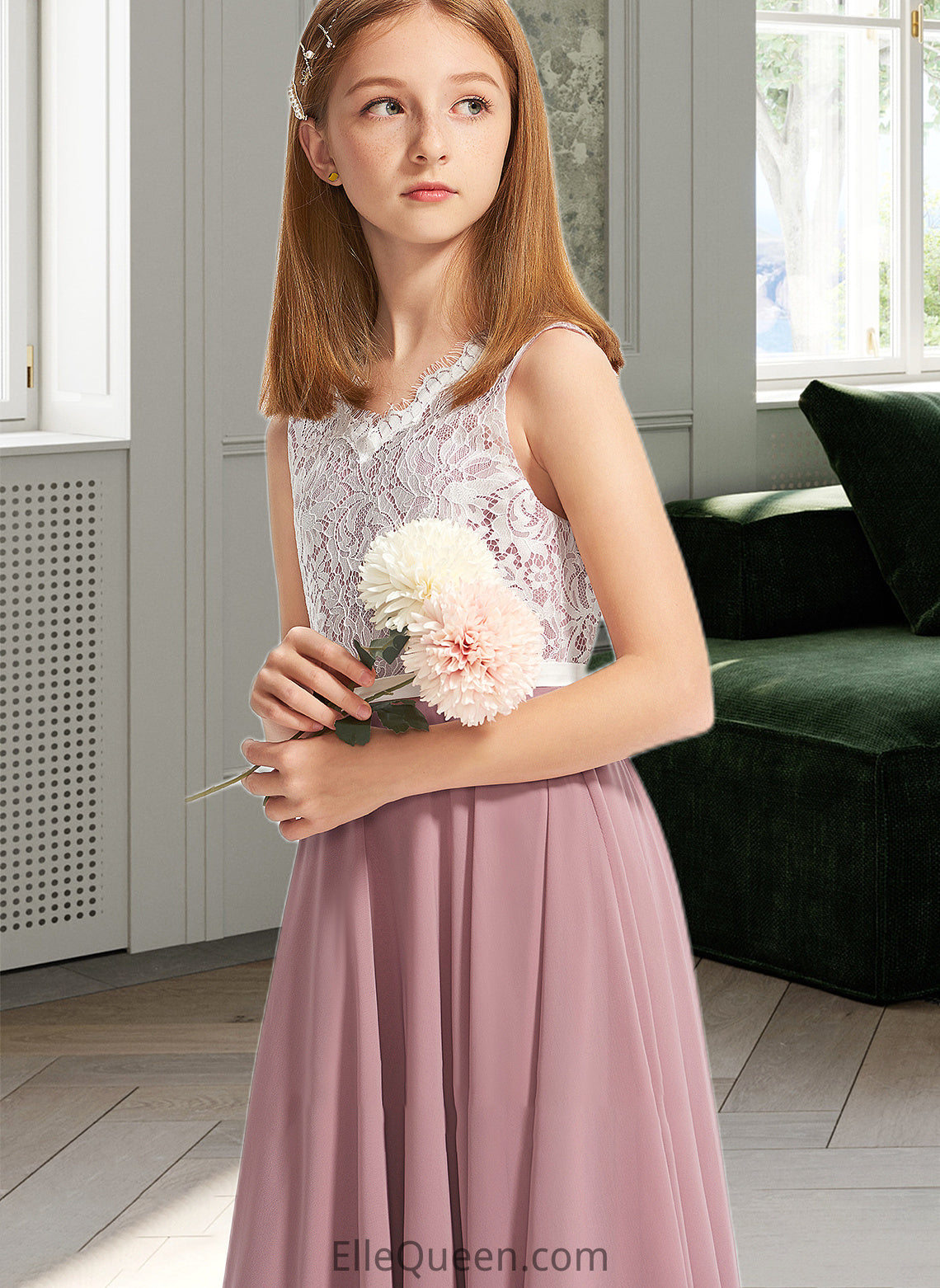 Michaelia A-Line V-neck Floor-Length Chiffon Lace Junior Bridesmaid Dress DGP0013552