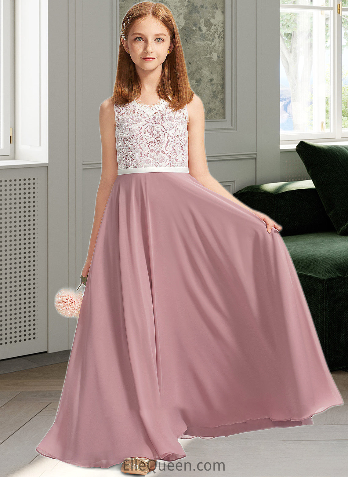 Michaelia A-Line V-neck Floor-Length Chiffon Lace Junior Bridesmaid Dress DGP0013552