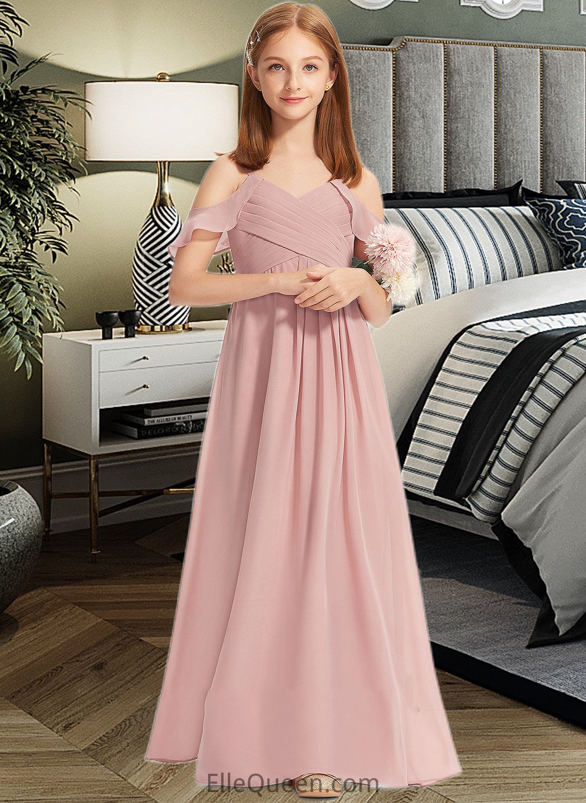 Nita A-Line Off-the-Shoulder Floor-Length Chiffon Junior Bridesmaid Dress With Cascading Ruffles DGP0013553