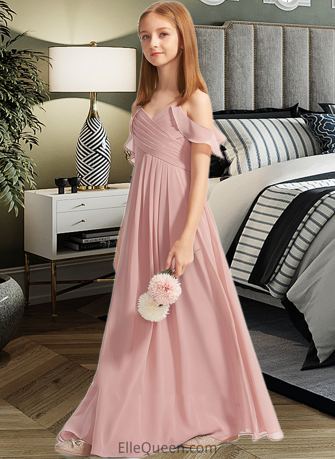 Nita A-Line Off-the-Shoulder Floor-Length Chiffon Junior Bridesmaid Dress With Cascading Ruffles DGP0013553